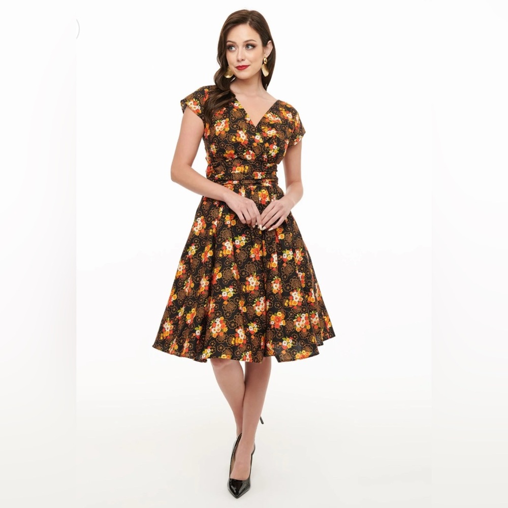 Retrolicious Floral Midi Dress - Black and Orange